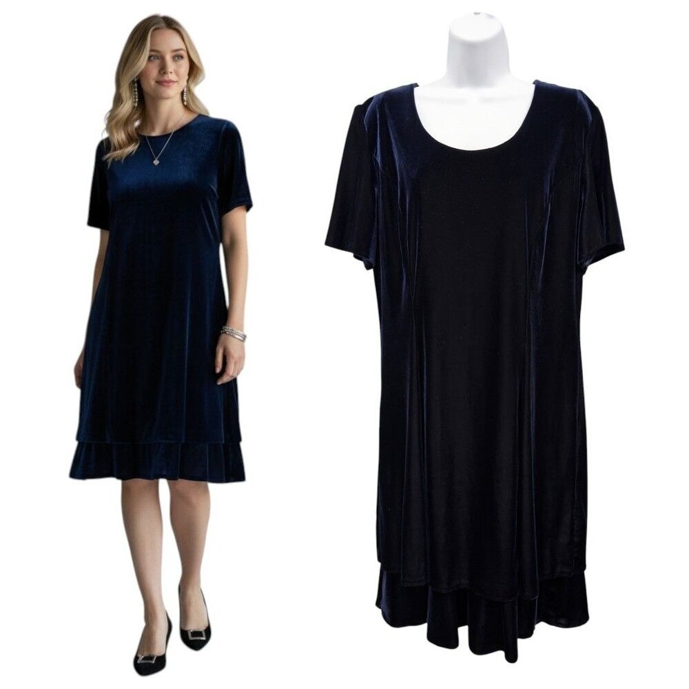 Vintage 90s Velvet Dress 16 Deepā Blue Midi Tiered Flutter Sleeve Goth Holiday
